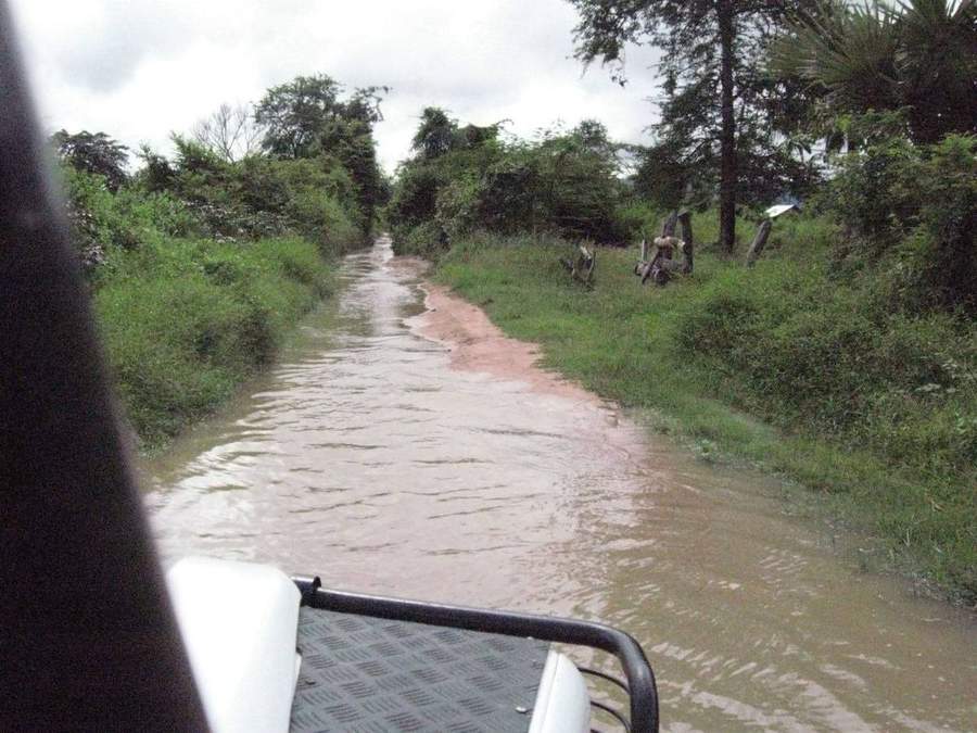 Muddy road winding through green tropical forest