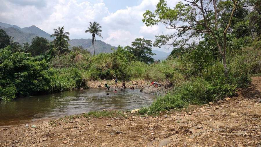 People bathing in river with palm trees and mountains