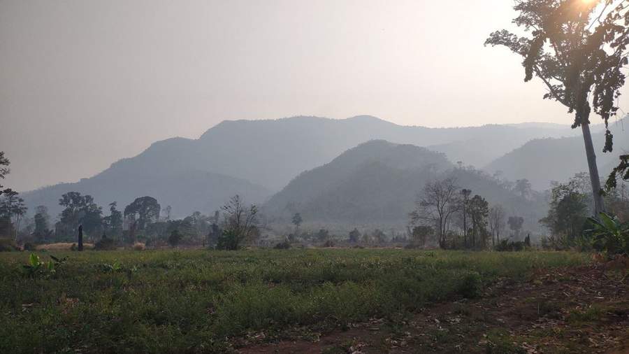 Hazy mountain landscape across green field at sunset