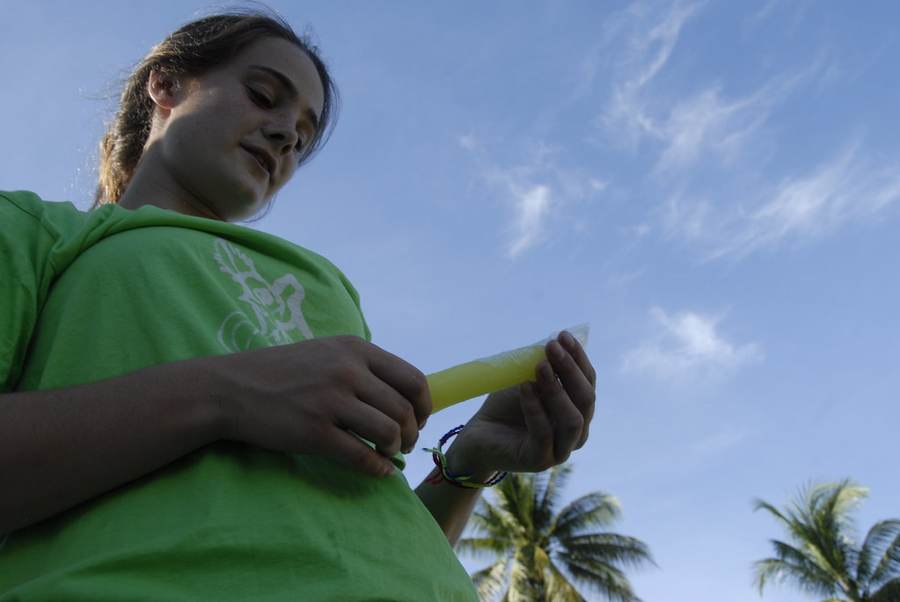 Young woman in green GSO shirt holding yellow ice pop with palm trees