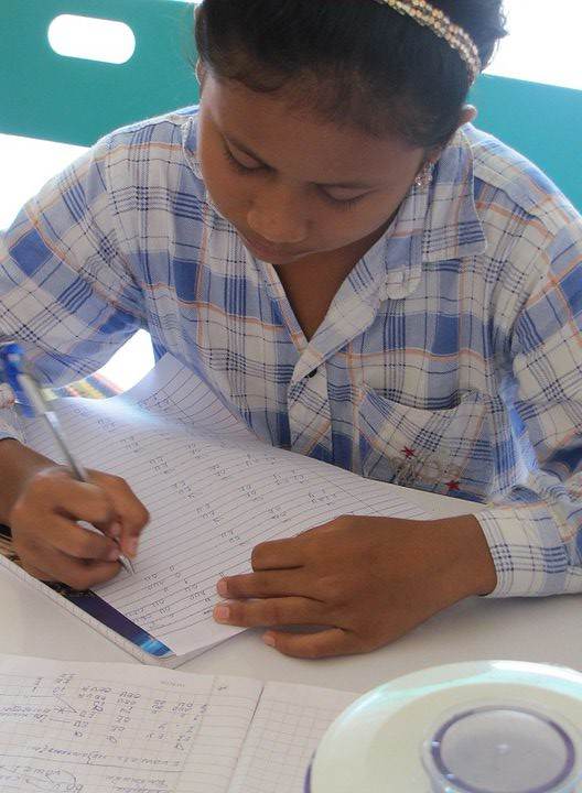Girl in plaid shirt writing in notebook at desk
