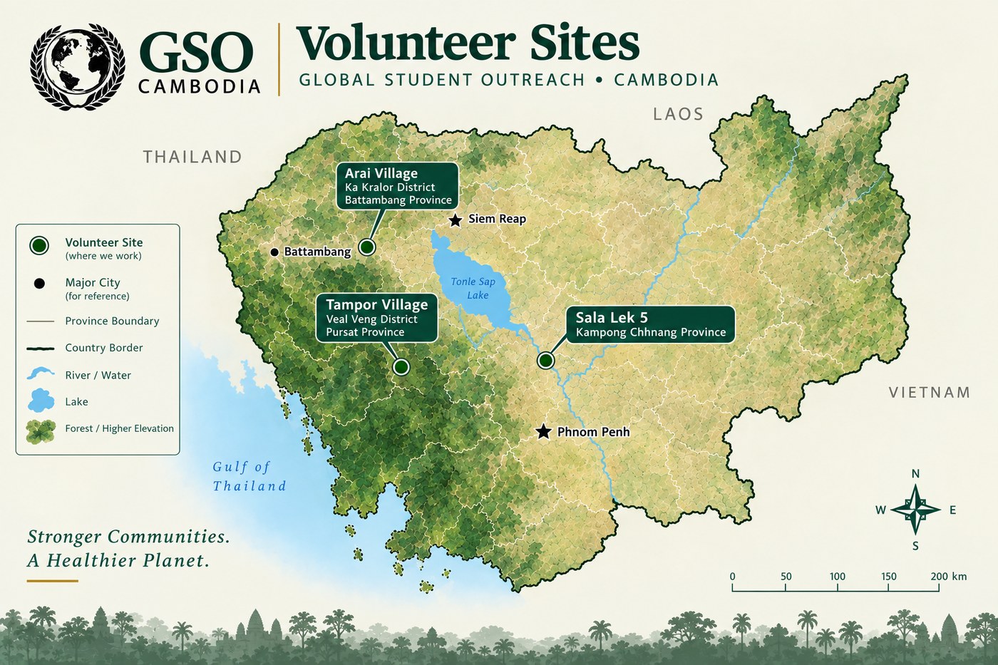 GSO volunteer placement map — Tampor Village, Arai Village, and Chankiek across Cambodia